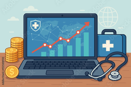 Healthcare finance concept with medical business growth chart on laptop. Health insurance cost, stock market investment, global telehealth profit, and medical economy analysis.