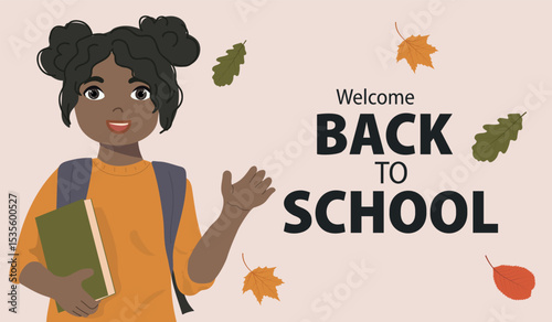 African american schoolgirl with book. Back to school concept. 