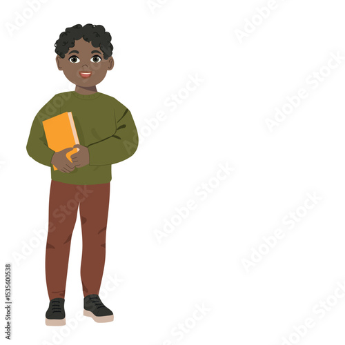Cute african american boy with books full length portrait on white background. Childrens school concept. Copy space for your text. Vector illustration