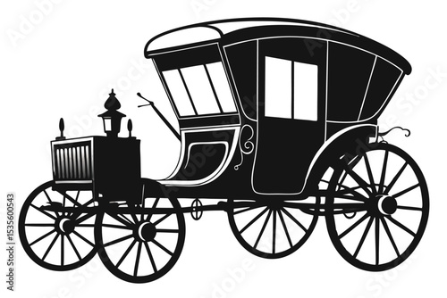 Vintage black and white illustration of a classic horse drawn carriage on a white background