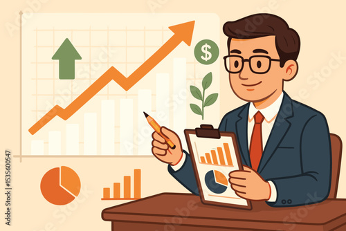 Businessman analyzing financial growth chart. Concept of investment strategy, stock market success, and economic profit. Data analysis report with graph and diagram illustration.