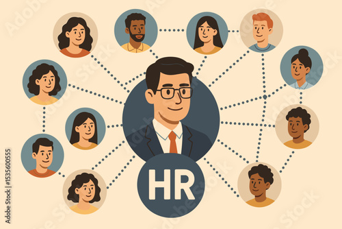 Human resources concept with HR manager leading a diverse team. Corporate organizational structure and business network. Leadership, communication, and personnel management illustration.