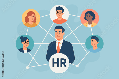 HR leadership and networking concept. Human resources manager connecting with staff and employees. Organizational structure, team management, talent acquisition, corporate communication.