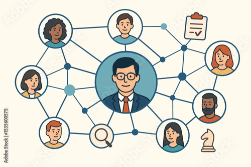 Human Resources concept with leader managing a diverse team network. Corporate organization chart for recruitment, talent acquisition, and business strategy. Teamwork and connection.