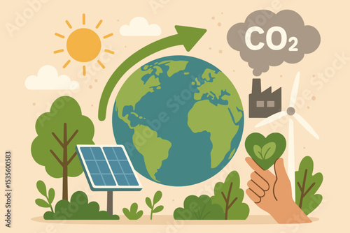 Sustainable Earth vector illustration. Renewable green energy with solar panels and wind turbines to fight climate change and CO2 emissions. Environmental protection and ecology concept.