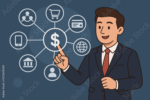 Businessman pointing at financial technology icon network. Concept of digital business, e-commerce, online payment, mobile banking, global investment and fintech innovation strategy.