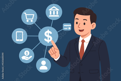 Digital business innovation. Fintech concept. Businessman presenting financial technology. Network icons include e-commerce, online banking, mobile payment, investment, customer data. Strategy.