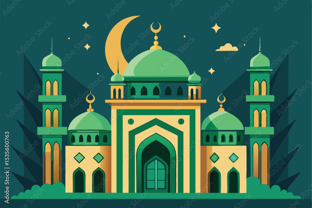 Beautiful stylized mosque illustration with crescent moon and stars islamic religious theme vector art
