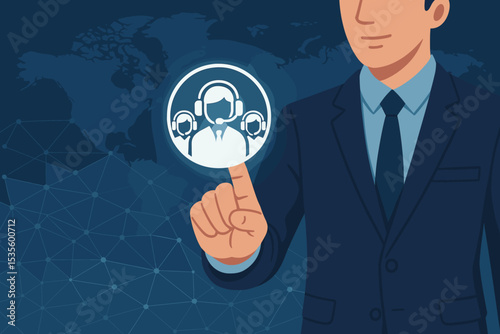 Businessman touching a CRM icon for customer relationship management. Global support team and call center strategy concept. Manager interacting with a digital technology network.