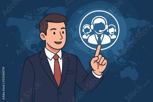Businessman pointing to a call center icon for CRM strategy. Customer relationship management concept. Global support, service team, and communication network. Vector illustration.