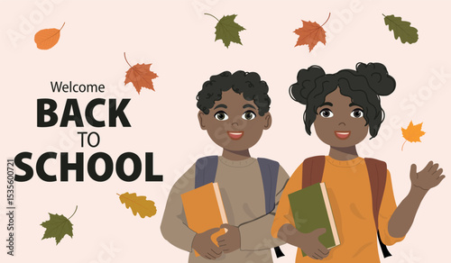 Happy cute preteen black schoolchildrens. Back to school concept. 
