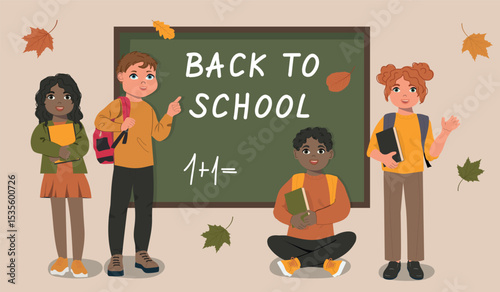 Schoolchildren stand at the blackboard. Back to school concept. 