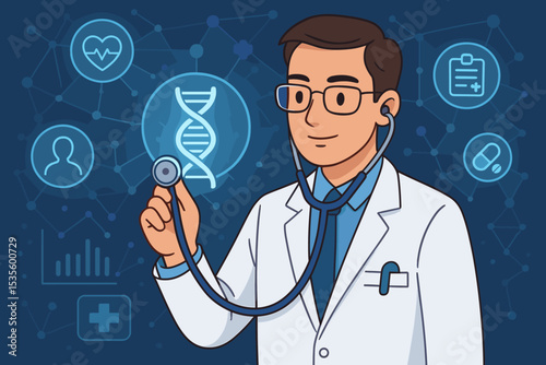 Digital healthcare innovation concept with a doctor using a stethoscope on glowing icons. Telemedicine, genetic research, DNA analysis, and medical technology on a network background.