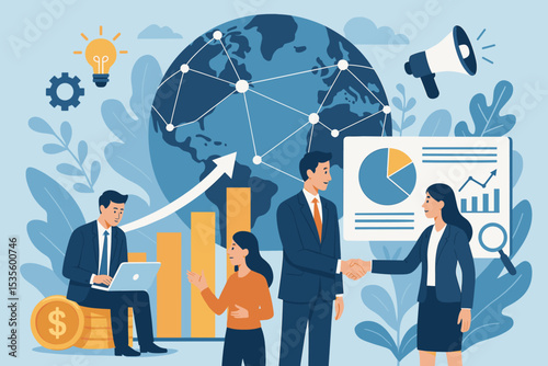 Vector illustration of global business strategy. Business people handshake for international partnership. Teamwork, data analysis, innovation, and marketing for financial growth.