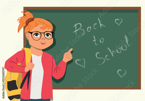Happy cute school girl pointing with finger at blackboard. Cute vector illustration in flat cartoon style for Back to school