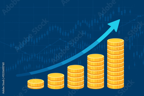 Financial investment growth concept with stacks of gold coins. Business bar chart with rising blue arrow showing profit and success. Stock market trading graph on blue background.