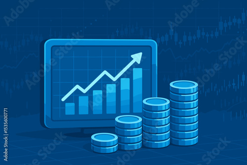 Stock market investment growth concept. Financial chart with bar graph and arrow up. Stacks of coins representing profit, revenue, and economic success. Business vector background.