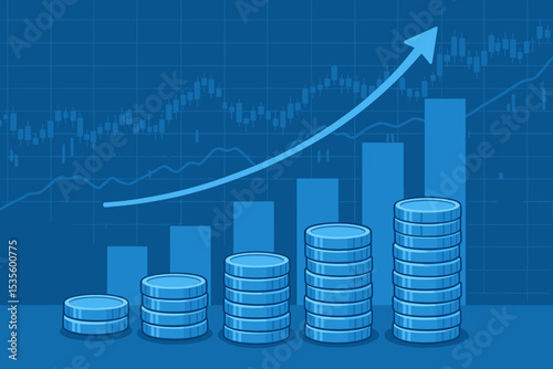 Financial investment growth concept. Stock market trading. Bar chart and candlestick graph with up arrow. Stacks of coins symbolizing profit, savings, and wealth. Economy.