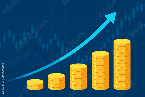 Financial growth and investment success concept. Stacks of gold coins form a rising bar chart with an upward arrow. Stock market trading background with candlestick graph for business.