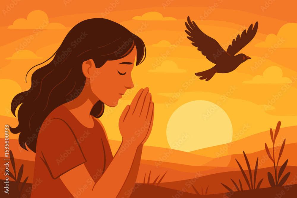 © James - Serene woman praying at sunset. Concept for faith, spirituality, and hope. Peaceful moment of gratitude and meditation. Christian worship and belief in God. Bird symbolizes freedom. © James - Serene woman praying at sunset. Concept for faith, spirituality, and hope. Peaceful moment of gratitude and meditation. Christian worship and belief in God. Bird symbolizes freedom.