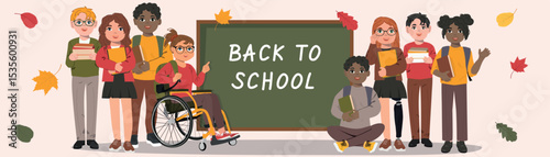 Back to school. Group of Happy diverse kids at blackboard. Children wearing different outfits and carry on backpack.