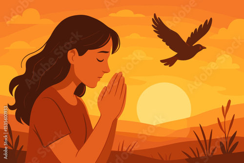 Serene woman praying at sunset. Concept for faith, spirituality, and hope. Peaceful moment of gratitude and meditation. Christian worship and belief in God. Bird symbolizes freedom.