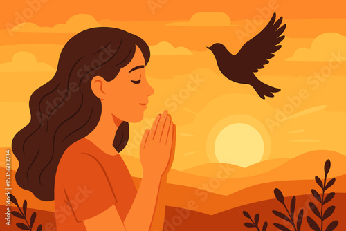 Concept of spirituality and faith. Woman praying at sunset. Serene girl in meditation finding inner peace and mindfulness. Bird silhouette symbol of hope and freedom. Gratitude.