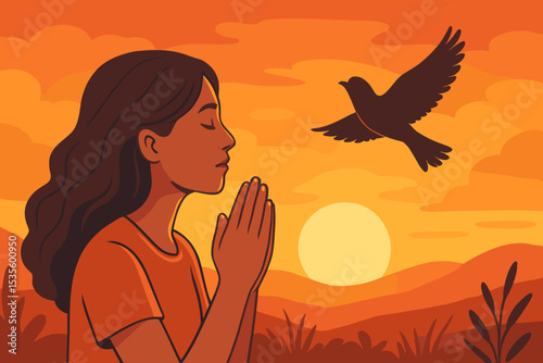Concept of faith and prayer. Serene woman meditating at beautiful orange sunset. Silhouette of a dove bird symbolizes peace and hope. Spiritual moment of gratitude vector.