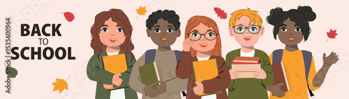 Back to school. Portrait of Happy diverse kids. Children wearing different outfits and carry on backpack.