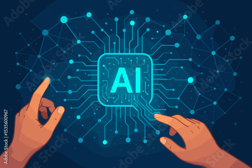 Futuristic AI concept. Human hands interacting with a glowing digital brain processor chip and neural network. Machine learning, big data, and innovation technology vector.