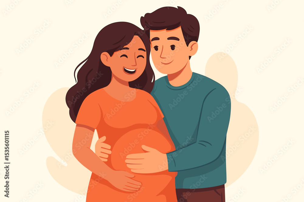 Happy pregnant couple hugging. Expectant parents concept vector illustration. Man embracing smiling wife, touching her belly. Future father and mother. Maternity and parenthood joy. Happy pregnant couple hugging. Expectant parents concept vector illustration. Man embracing smiling wife, touching her belly. Future father and mother. Maternity and parenthood joy.