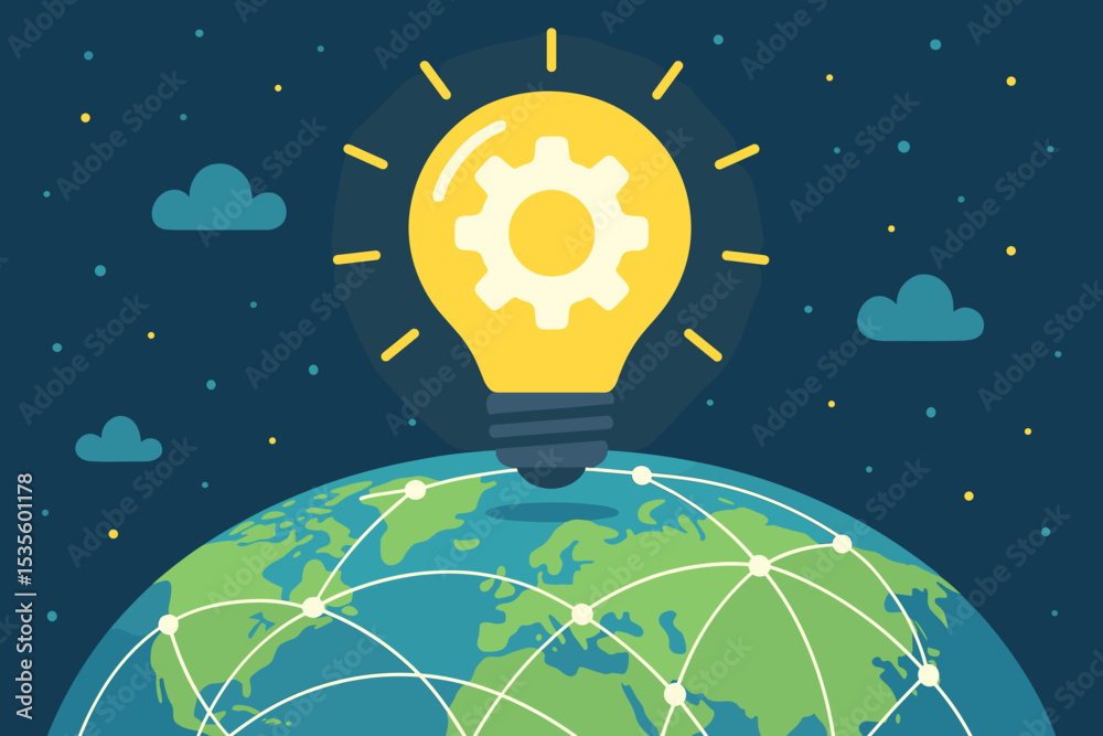 Global innovation concept with lightbulb and gear on planet Earth. Symbol for technology, creative ideas, and engineering. Worldwide network for business solutions, energy, and strategy.