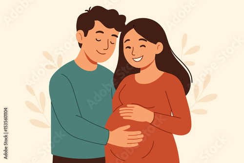 Happy expectant couple lovingly embracing. Man hugging his pregnant wife, touching her big belly. Future parents concept. Maternity, family love, and new life vector illustration.