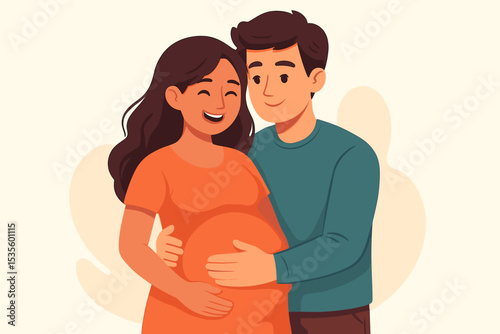 Happy pregnant couple hugging. Expectant parents concept vector illustration. Man embracing smiling wife, touching her belly. Future father and mother. Maternity and parenthood joy.