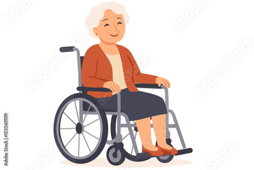 Happy senior woman in wheelchair vector illustration. Joyful elderly grandmother with disability. Concept for aging, retirement, nursing home, healthcare, assisted living, mobility.