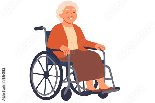 Happy senior woman in a wheelchair. Joyful elderly grandmother smiling. Disabled person with limited mobility. Retirement and senior care concept. Vector character illustration isolated.