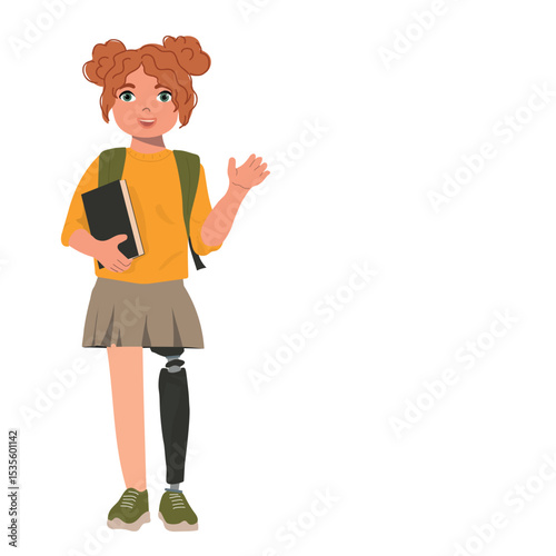 Full length portrait of adorable schoolgirl with prosthetic leg. Childrens school concept. Back to school. Copy space for your text. Vector illustration