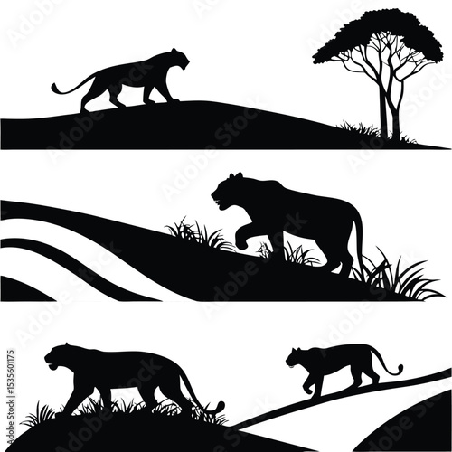 Silhouette of a panther walking across african savannah scenes in black and white vector style