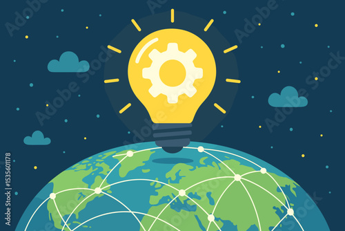 Global innovation concept with lightbulb and gear on planet Earth. Symbol for technology, creative ideas, and engineering. Worldwide network for business solutions, energy, and strategy.
