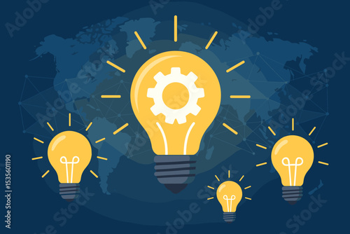 Global innovation and technology concept. Lightbulb with gear icon for creative solutions. Metaphor for big idea, business strategy, development, brainstorming and problem solving.