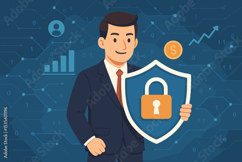 Cybersecurity concept of data protection and financial security. Businessman holding a shield with padlock. Digital information safety, privacy, network defense, and investment growth.