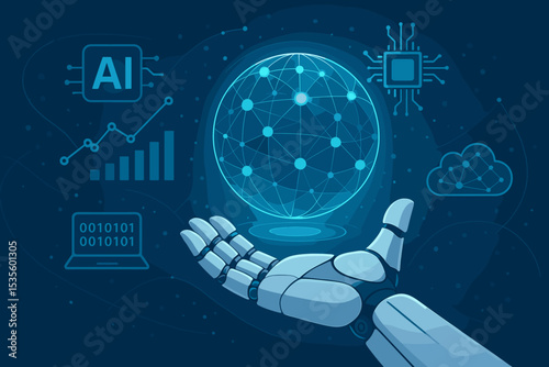 Artificial intelligence concept with robot hand holding a global network sphere. AI technology for data analysis, machine learning, and big data processing with cloud computing icons.