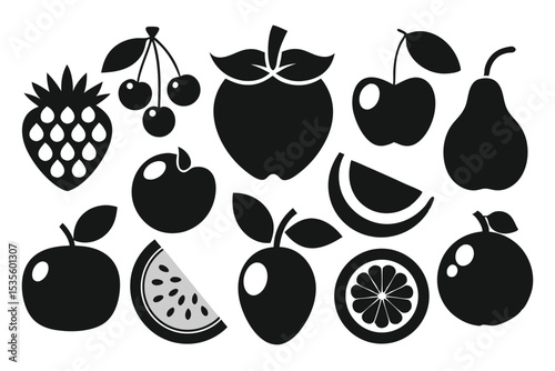 Black and white silhouettes of various fruits including apples cherries and oranges fresh produce