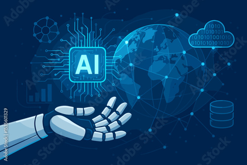 Artificial Intelligence and global business technology concept. Robot hand, AI chip, world map network, cloud computing, and big data visualization on a futuristic blue background.