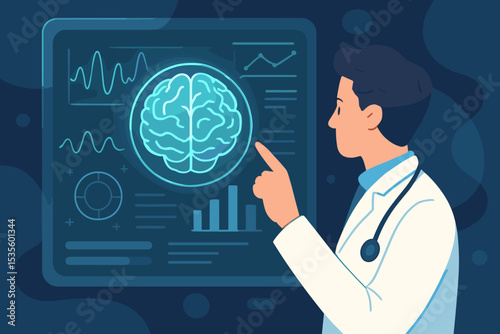 Doctor analyzes brain scan on a futuristic digital screen. Concept of neurology, neuroscience, and medical technology. Neurologist examining EEG data on a high-tech monitor.