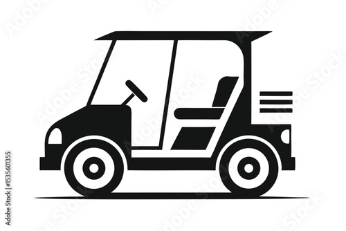 Black and white simple illustration of a golf cart on a white background