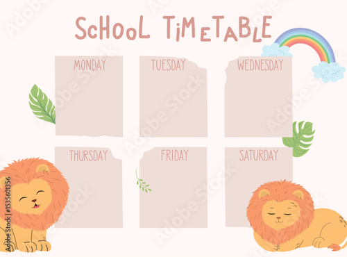 School lion timetable. Educational week planner.School vector lesson planner template with cute kawaii feline lion 