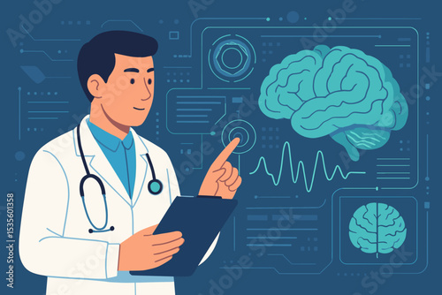 Doctor analyzing brain scan on futuristic interface. Neurologist studying brainwaves. Medical technology concept for neurology, neuroscience, diagnostics, and mental health research.