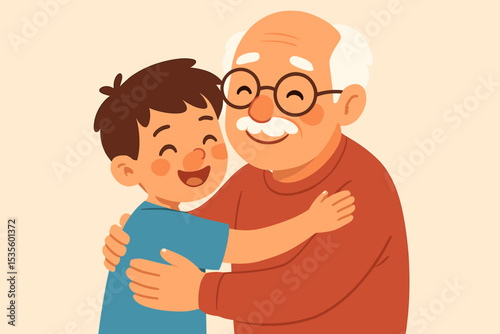 Happy grandfather hugging his smiling grandson. Vector illustration for Grandparents Day. Elderly man and child embrace. Family love, care, and intergenerational bond concept.