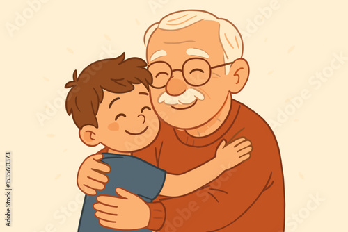Happy grandfather lovingly hugs his grandson. Sweet vector illustration depicting family bond and intergenerational relationship. Elderly man and child sharing a warm, affectionate embrace.
